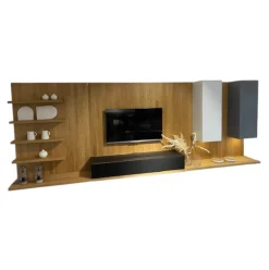 Wohnwand Cubus Pure Eiche Natur Geölt Hängeelemente Glas Weiß Mittelgrau Und Schwarz TV Element Stofffront Mit LED Beleuchtung