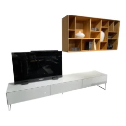 Wohnwand Cubus Pure Eiche Naturöl Und Farbglas Weiß Glänzend Mit TV-Säule Ohne TV