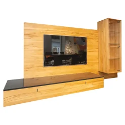 Wohnwand Cubus Vollholz Kernbuche Natur Geölt Inklusive Granit-Platte Und LED-Beleuchtung