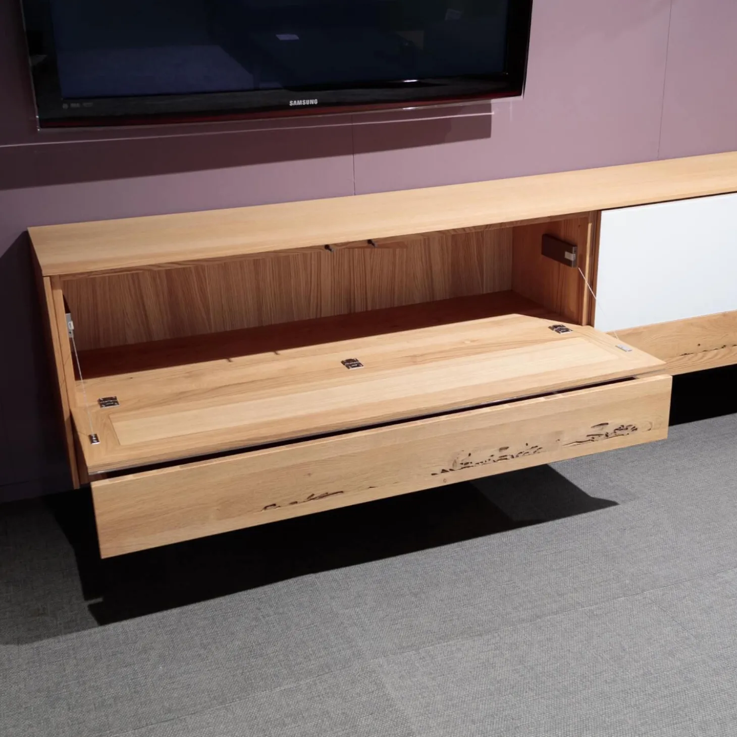 Wohnwand Eiche Natur Farbglas Weiß Matt Inklusive Beleuchtung Mit Fernbedienung