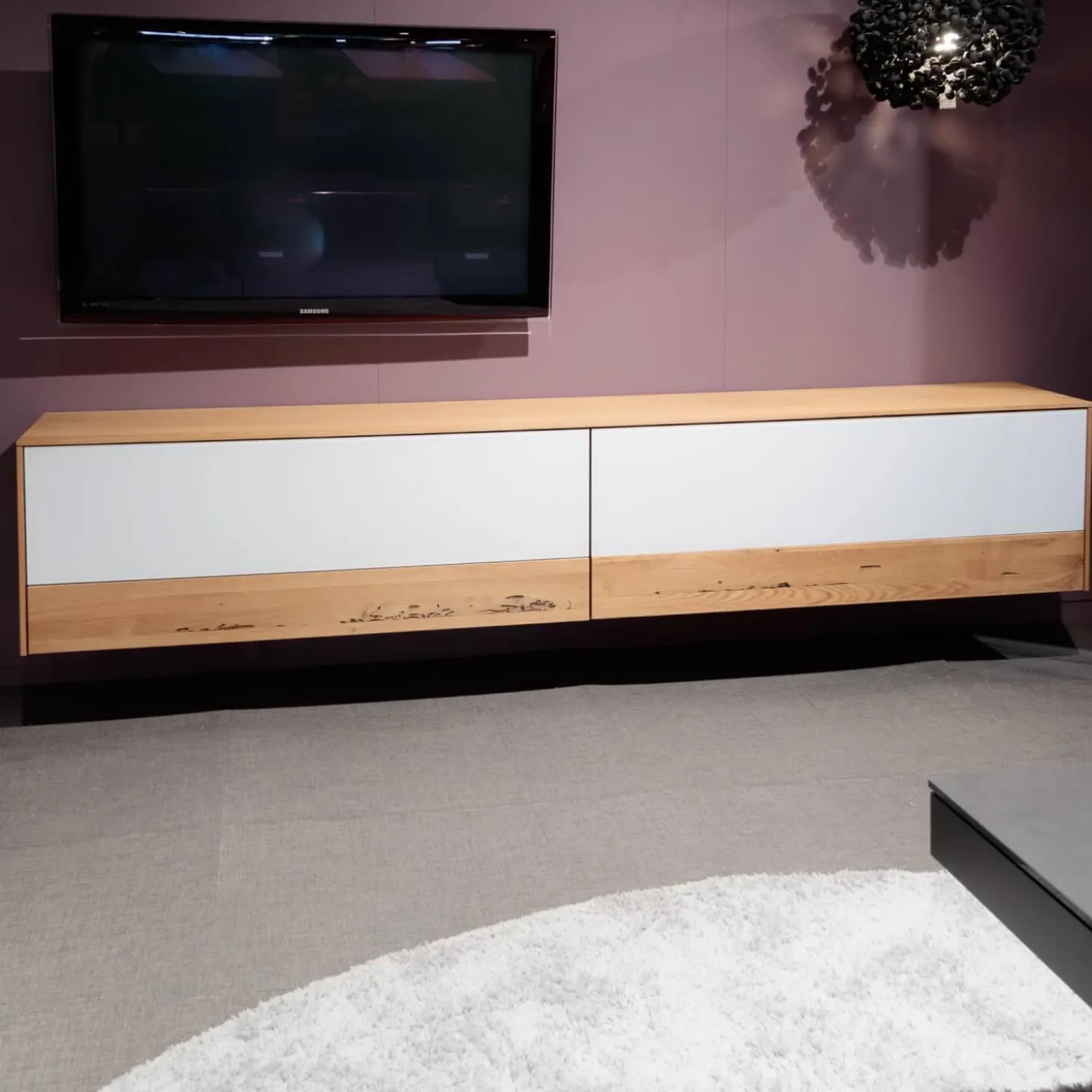 Wohnwand Eiche Natur Farbglas Weiß Matt Inklusive Beleuchtung Mit Fernbedienung