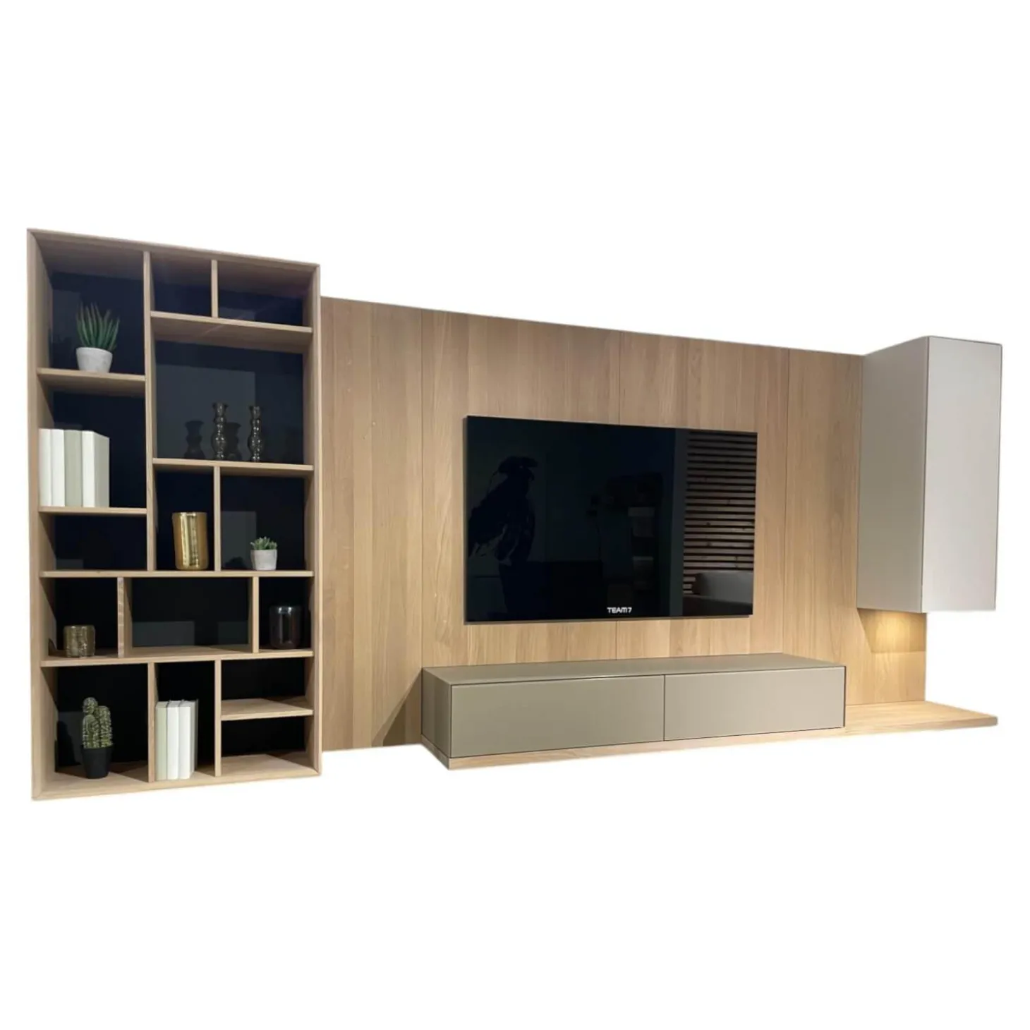 Wohnwand Eiche Weißöl Farbglas Graphitgrau Mit Wandpaneelen