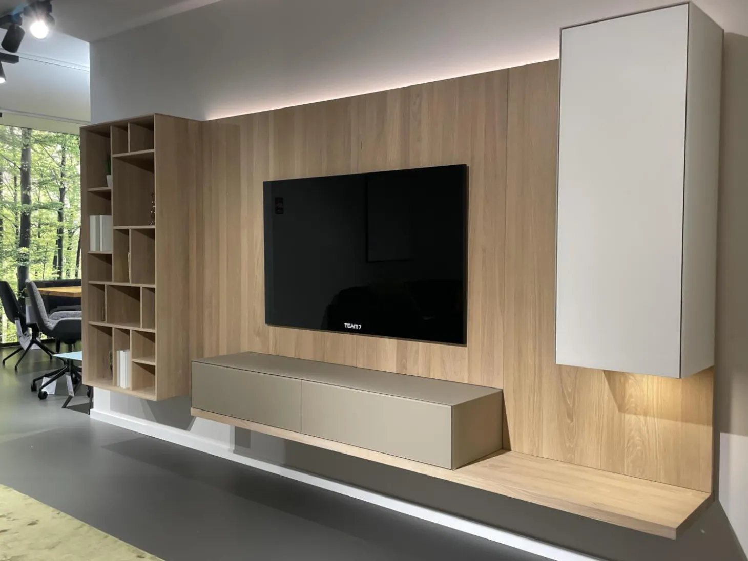 Wohnwand Eiche Weißöl Farbglas Graphitgrau Mit Wandpaneelen