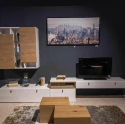 Wohnwand Fablo Balkeneiche Bianco Weiß Matt mit Beleuchtung