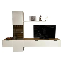 Wohnwand Fena Wohnen Lack Reinweiss Akzent Balkeneiche Mit Beleuchtung Und Funkfernbedienung