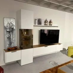 Wohnwand Fena Wohnen Lack Reinweiss Akzent Balkeneiche Mit Beleuchtung Und Funkfernbedienung