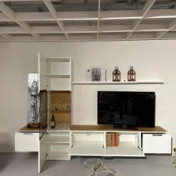 Wohnwand Fena Wohnen Lack Reinweiss Akzent Balkeneiche Mit Beleuchtung Und Funkfernbedienung