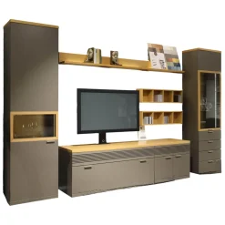 Wohnwand Flair Rahmenfarbe Eiche Sand Lack Terra Grau Griff T8 Edelstahlfarbig Mit LED Beleuchtung