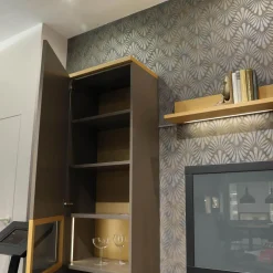 Wohnwand Flair Rahmenfarbe Eiche Sand Lack Terra Grau Griff T8 Edelstahlfarbig Mit LED Beleuchtung