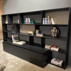 Wohnwand Flat C 9907 E Anthrazit Satiniert Rückwand 3748 Rauchgrau Abdeckplatte 0128 Glas Schwarz