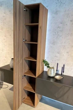 Wohnwand Gentis Lack HGL-Seidengrau eramik Storm Nero Kernnussbaum Naturstamm