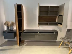 Wohnwand Gentis Lack HGL-Seidengrau eramik Storm Nero Kernnussbaum Naturstamm