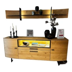 Wohnwand Giulia Wildeiche Massiv Soft Gebürstet Gestell Metall Carbonfarbig Schwarz Mit Beleuchtung