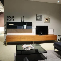 Wohnwand I ModulART Lowbaord Nussbaum Canaletto Wandregal Blu Vinca Dunkelblau Rückwand Marmor Calacatta