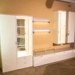 Wohnwand Kira Korpus Und Front Lack Weiß Regale Lack Grau Mit LED-Beleuchtung