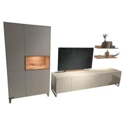 Wohnwand Lennon 47018 Lack Weiß Matt Absetzungen Kristallbuche Mit LED Beleuchtung Und TV Halterung Ohne Fernseher