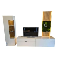 Wohnwand Linera Lack Seidenmatt Weiß Akzente Wildeiche Natur Mit LED Beleuchtung