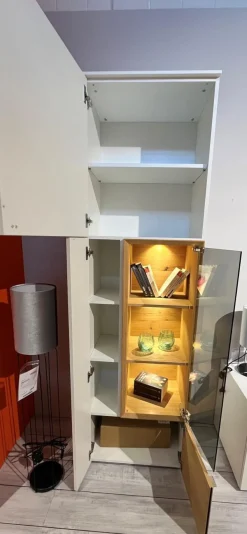 Wohnwand Mino Lack Kristallweiß Matt Akzent Wildeiche Hell Soft Gebeizt Und Geölt inkl. Glastür Für Vitrine Parsolglas Mit LED-Beleuchtung