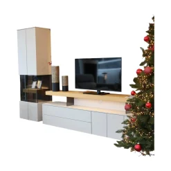 Wohnwand Minos Lack Kristallgrau Matt Absetzung Balkeneiche Mit Glaseinsatz Und LED Beleuchtung Ohne Dekoration