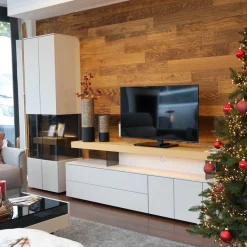 Wohnwand Minos Lack Kristallgrau Matt Absetzung Balkeneiche Mit Glaseinsatz Und LED Beleuchtung Ohne Dekoration