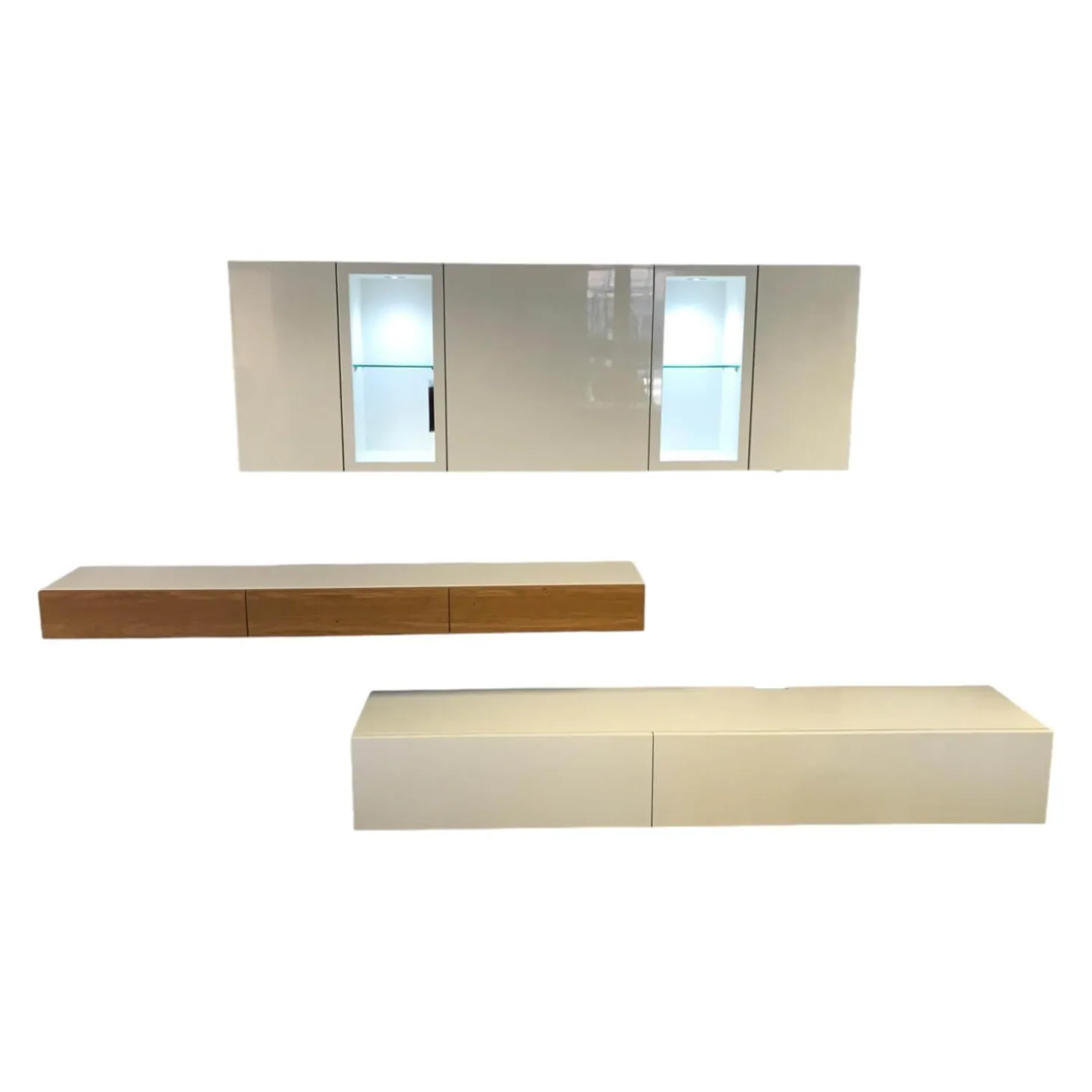 Wohnwand Neo Lack Weiß Front Hochglanzweiß Und Natureiche Grifflos Push To Open Beschlag Mit Beleuchtung