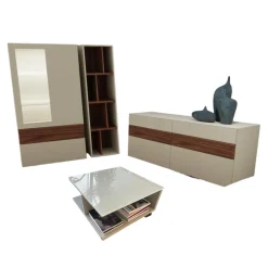 Wohnwand Now Vision C18 Lack Seidengrau Hochglanz Akzent Kernnussbaum Inklusive Couchtisch