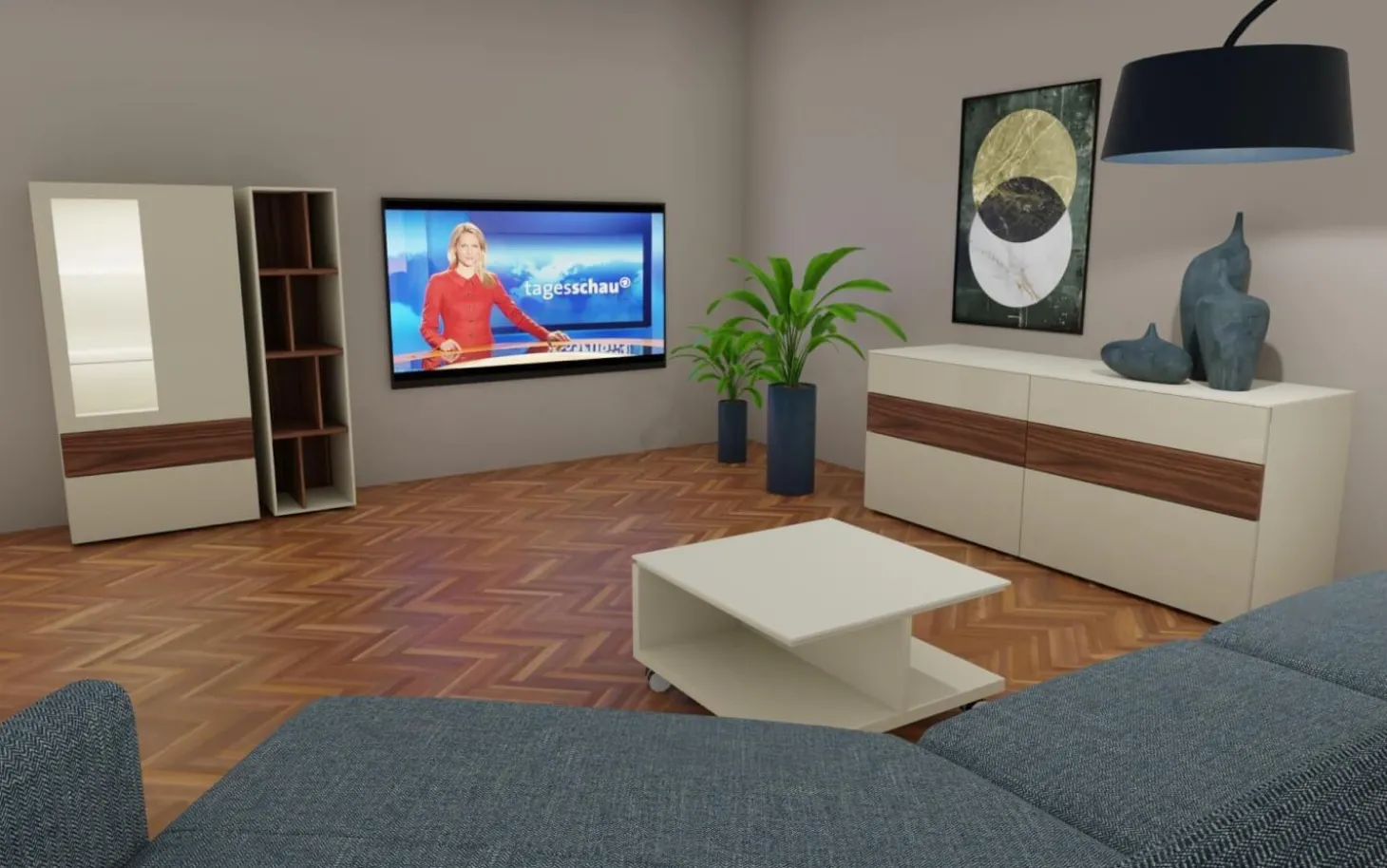 Wohnwand Now Vision C18 Lack Seidengrau Hochglanz Akzent Kernnussbaum Inklusive Couchtisch