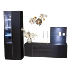 Wohnwand Persis Eiche Massiv Anthrazit Reliefglass Anthrazit Metallrahmen Edelstahl Mit Beleuchtung