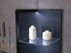 Wohnwand Persis Eiche Massiv Anthrazit Reliefglass Anthrazit Metallrahmen Edelstahl Mit Beleuchtung