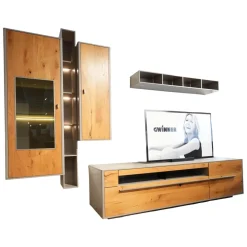 Wohnwand Piana Lack Seidenmatt Fango Grau Balkeneiche Honig Inklusive LED Beleuchtung