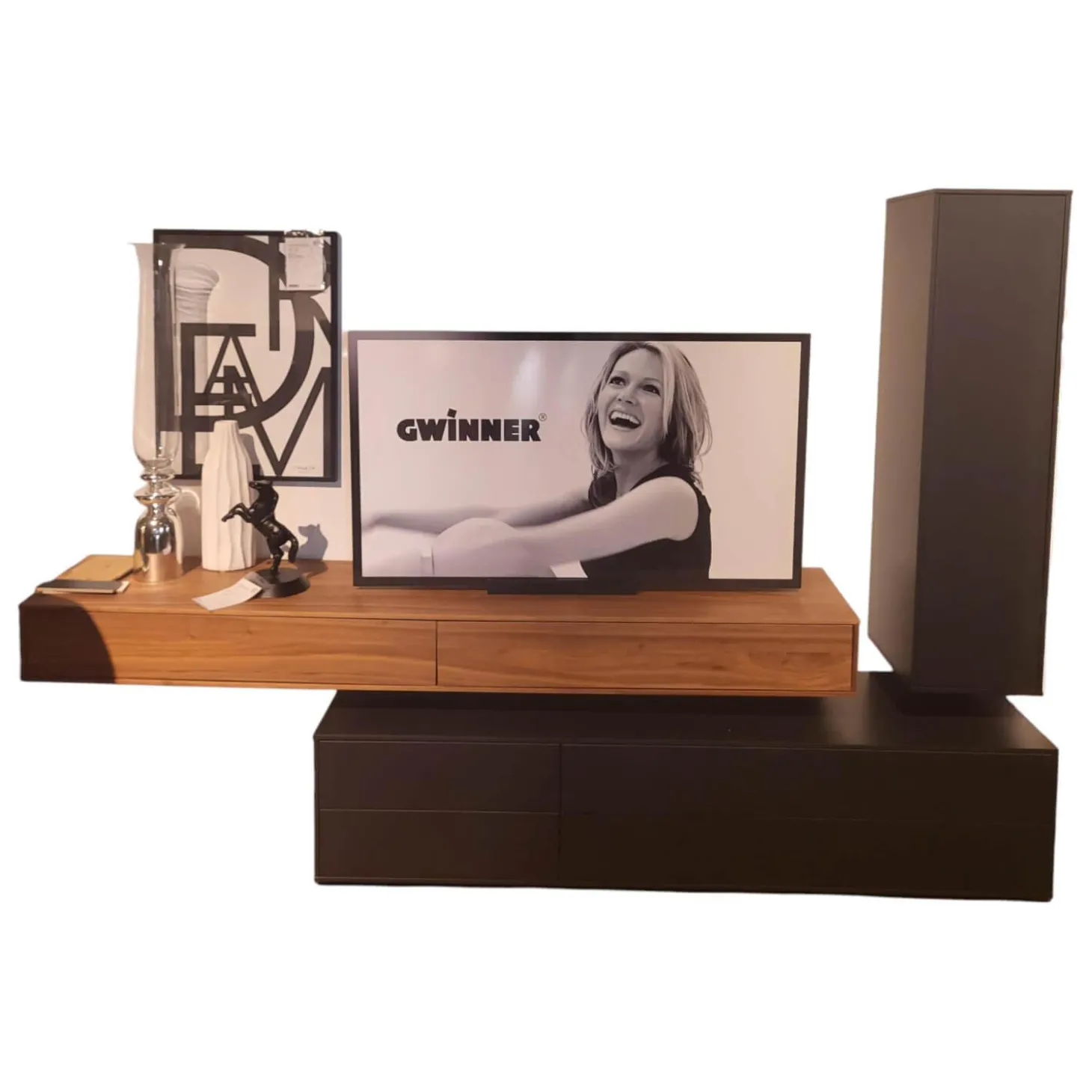 Wohnwand pl.Cera Lack Seidenmatt Anthrazit Absetzung Nussbaum Natur Geplankt Fronten Keramik Nero Zimbabwe