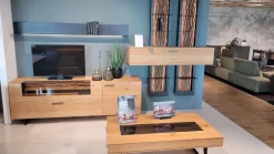 Wohnwand Runa Kerneiche Massiv Natur Gebürstet Applikation Rinde Metall Anthrazit Mit Beleuchtung