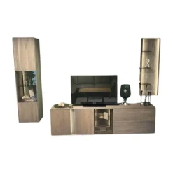 Wohnwand Saratoga Buche Massiv Geölt Silbergrau Grau Braun Inklusive Beleuchtung