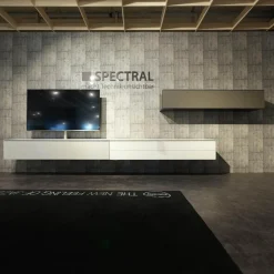 Wohnwand Scala Glasoberfläche Snow Weiß Satiniert Stofffront SF Silber Mit Soundsystem Und Beleuchtung