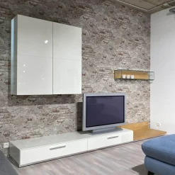 Wohnwand Scalic Lack Weiß Natureiche Lowboard Hängeelement Glas-Hängeelement