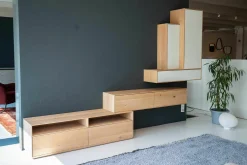 Wohnwand Sigma Eiche 132 Harena Geölt Türen Glas Weiß Satinato