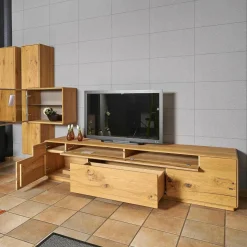 Wohnwand Sineo Europäische Wildeiche Bohleneiche Gebürstet Mit Beleuchtung Und Mattglas-Akzent