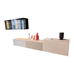 Wohnwand Soma Türen Rauchglas Korpus MDF Lack Elfenbein Weiß Matt Inklusive Beleuchtung