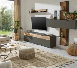 Wohnwand Tucson Front Und Korpus Lack Graphitgrau Grau Akzent Spalteiche Mit Beleuchtung