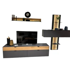 Wohnwand Tucson Lack Graphitgrau Akzent Wildeiche Mit Beleuchtung Und Funkdimmer