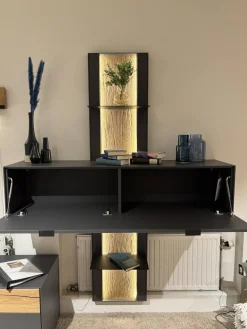 Wohnwand Tucson Lack Graphitgrau Akzent Wildeiche Mit Beleuchtung Und Funkdimmer