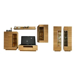 Wohnwand V Montana Wildeiche Geölt Glasrückwand Optiwhite Weiß Mit Beleuchtung Inklusive 2 Vitrinen