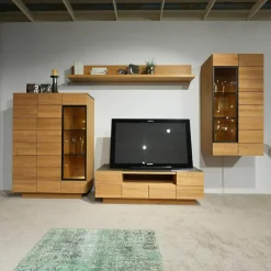 Wohnwand V Montana Wildeiche Geölt Glasrückwand Optiwhite Weiß Mit Beleuchtung Inklusive 2 Vitrinen