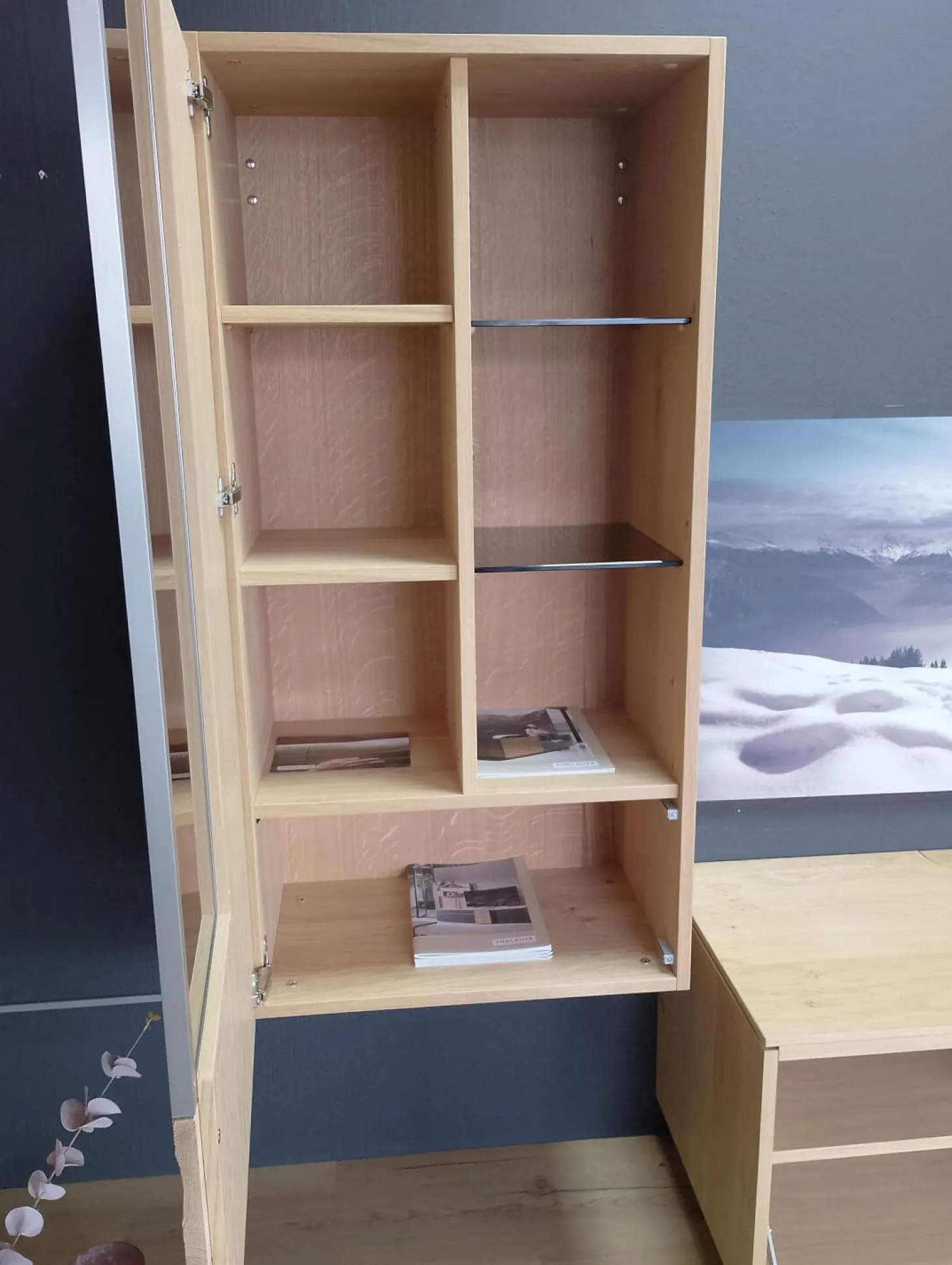 Wohnwand V Montanara Wildeiche Geölt Frontglas Montegrau Inklusive Beleuchtung