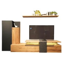 Wohnwand Valpin Eiche Altholz Braun Akzent Colorglas