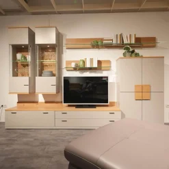 Wohnwand Vienna 35 36011 Lack Grau Akzente Asteiche Griffe Edelstahl Inklusive Beleuchtung