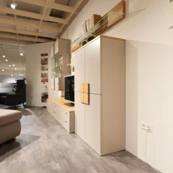 Wohnwand Vienna 35 36011 Lack Grau Akzente Asteiche Griffe Edelstahl Inklusive Beleuchtung