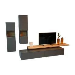 Wohnwand Vitus Eiche Rustico Hell Geölt Lack Schiefergrau Mit Beleuchtungspaket