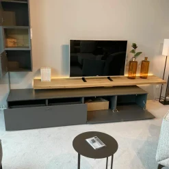 Wohnwand Vitus Eiche Rustico Hell Geölt Lack Schiefergrau Mit Beleuchtungspaket