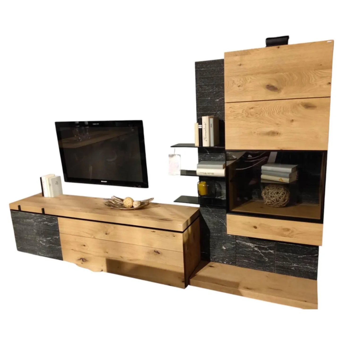 Wohnwand V-Rock Alteiche Rustiko Steinakzent Alpengranit Schwarzgrau